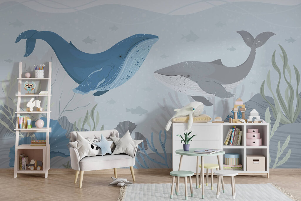 Walvis en walvis zwemmen in de oceaan — interieur 2