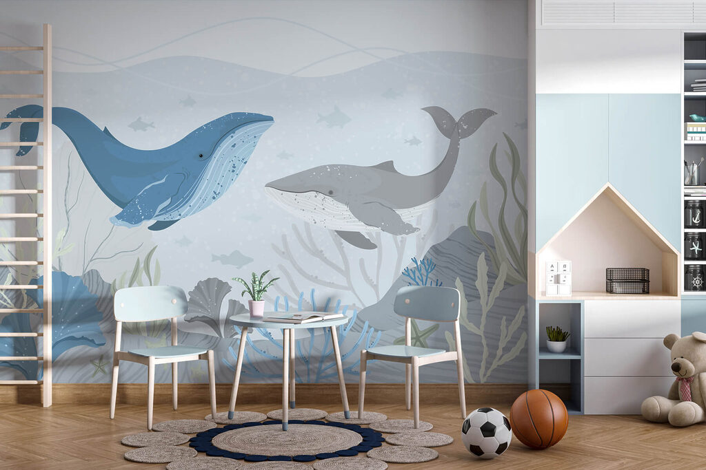 Walvis en walvis zwemmen in de oceaan — interieur 3