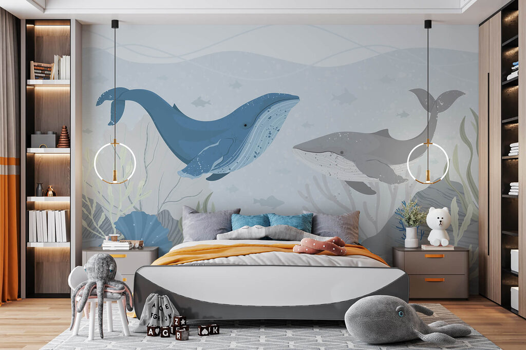 Walvis en walvis zwemmen in de oceaan — interieur 4