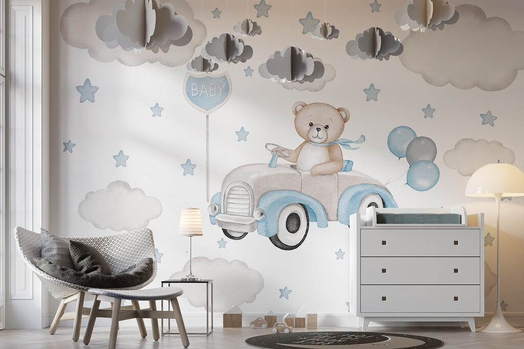 Teddybeer rijdt auto met ballonnen in een interieur