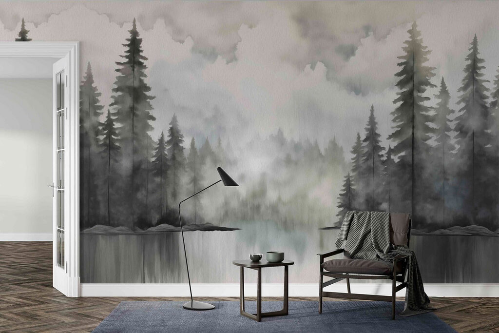 Dennenmeer in grijze mist — interieur 4
