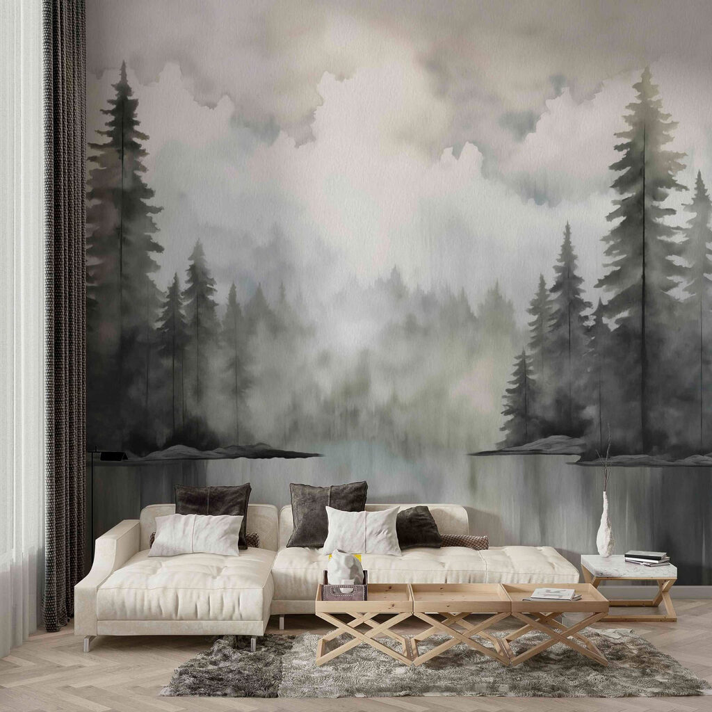 Dennenmeer in grijze mist — interieur 3