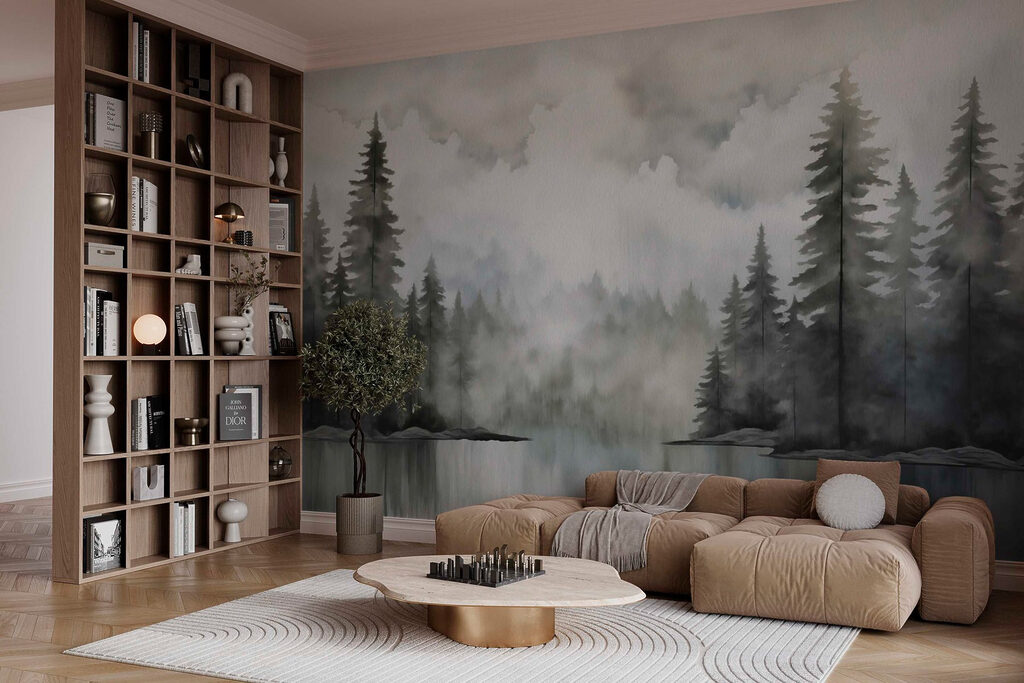 Dennenmeer in grijze mist — interieur 2