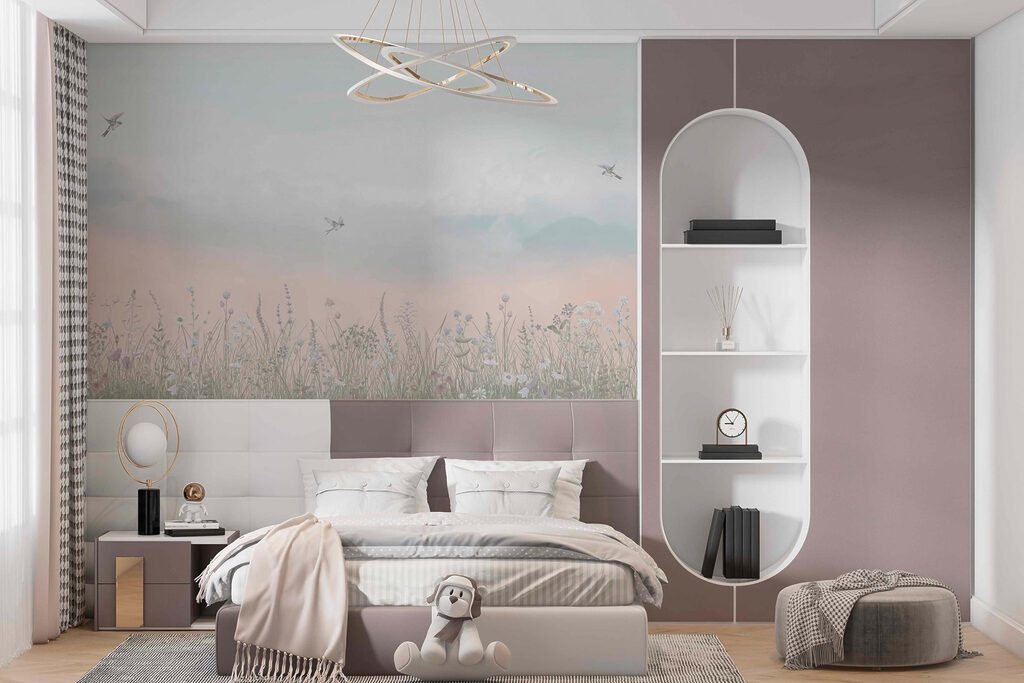 Bloemenveld onder pastelbergen — interieur 3