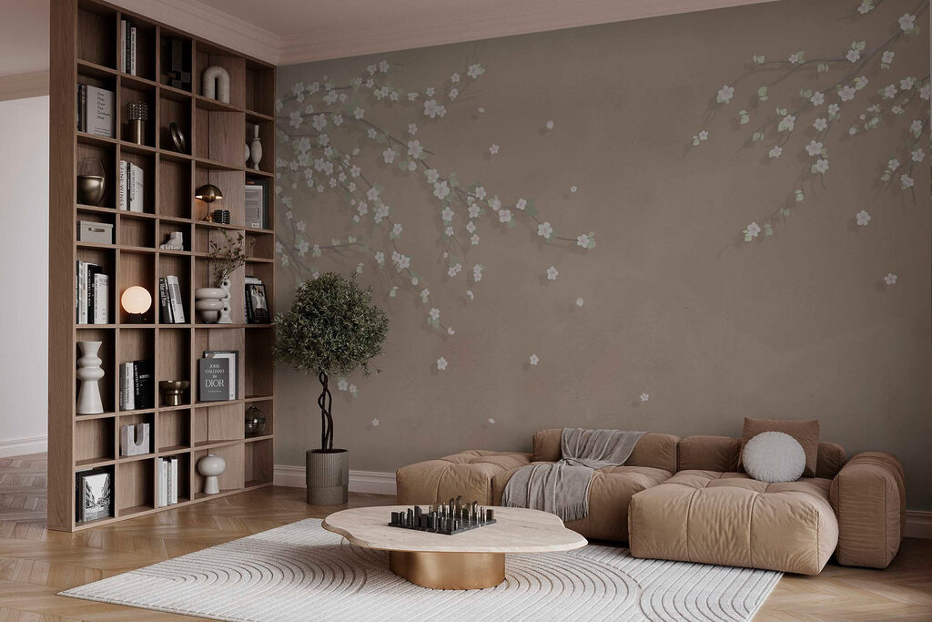 Witte bloesem op taupe — interieur 3