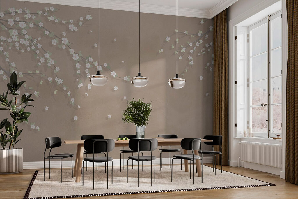 Witte bloesem op taupe — interieur 2