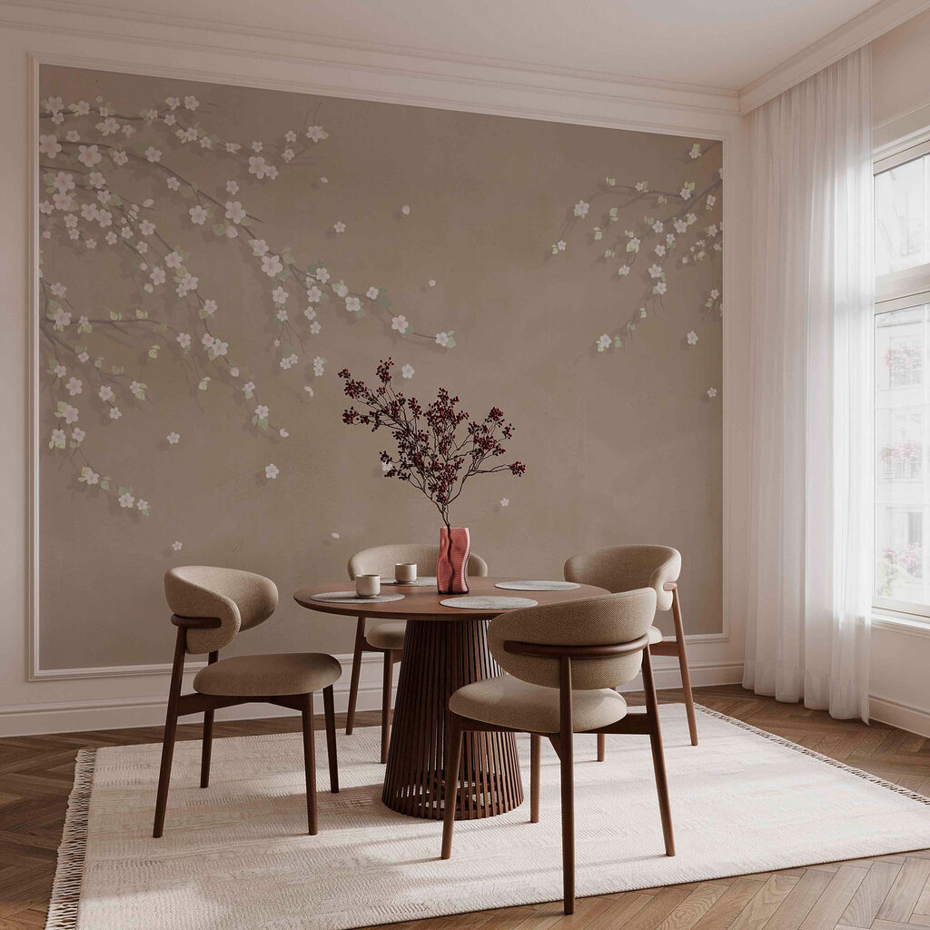 Witte bloesem op taupe — interieur 1