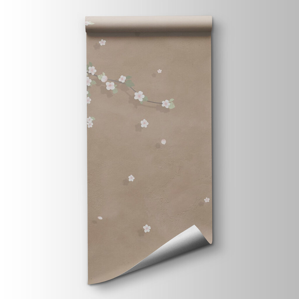 Witte bloesem op taupe — productweergave