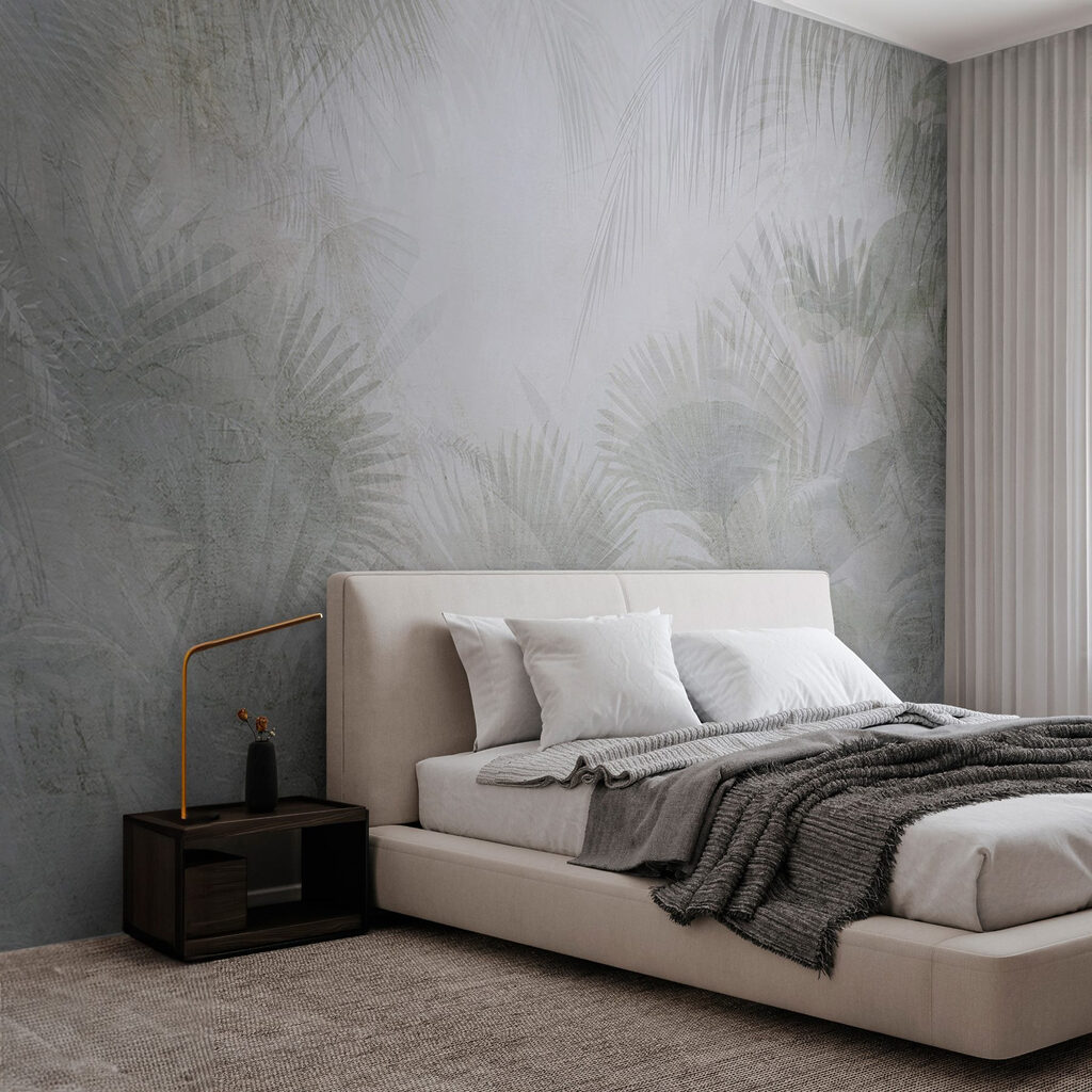 Mistige achtergrond met palmbomen in een interieur