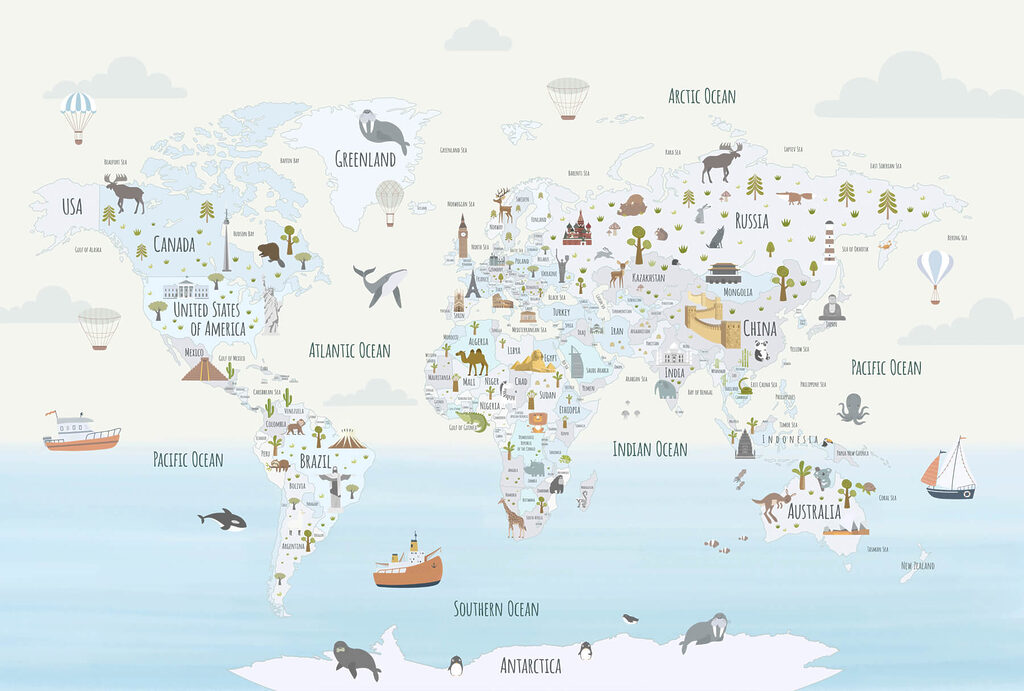 Wereldkaart vol kleine dieren — volledig ontwerp