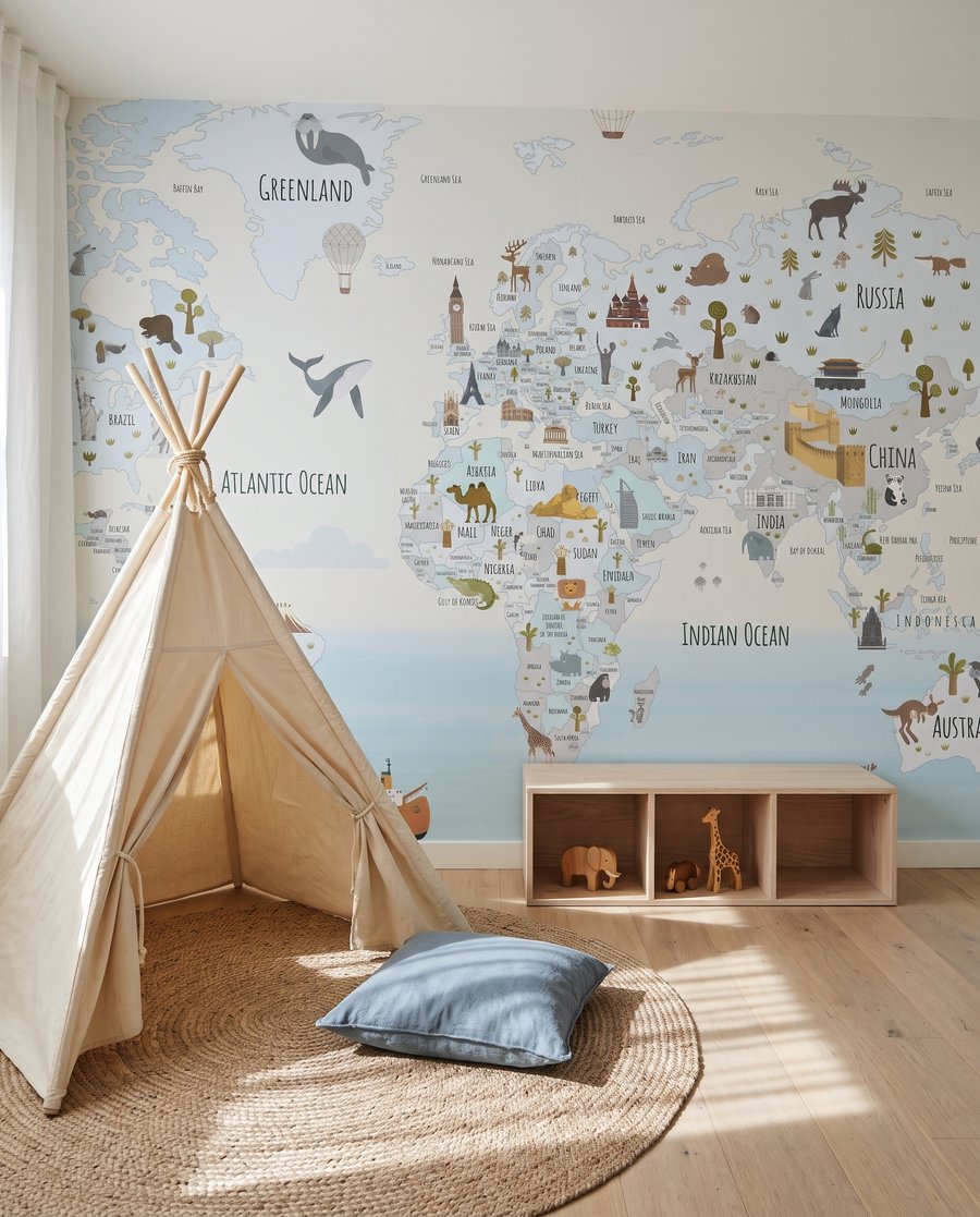 Wereldkaart vol kleine dieren — interieur 1
