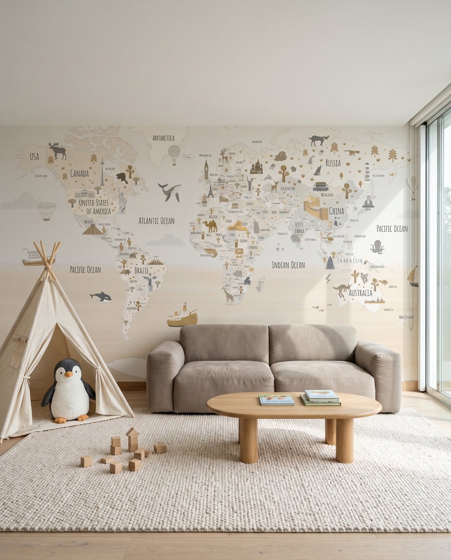 Dierenwereld op een reiskaart in een interieur