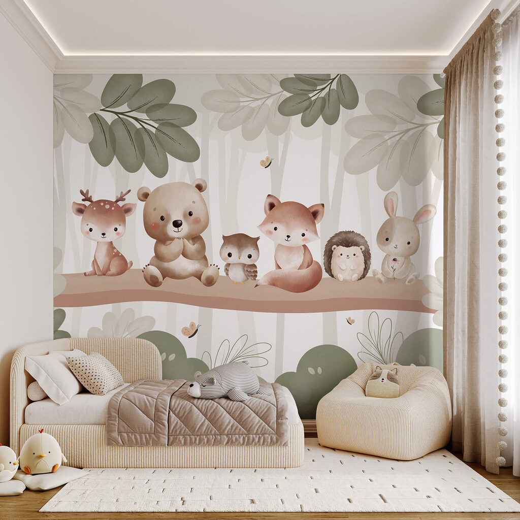 Groep dieren op een boomtak in een interieur