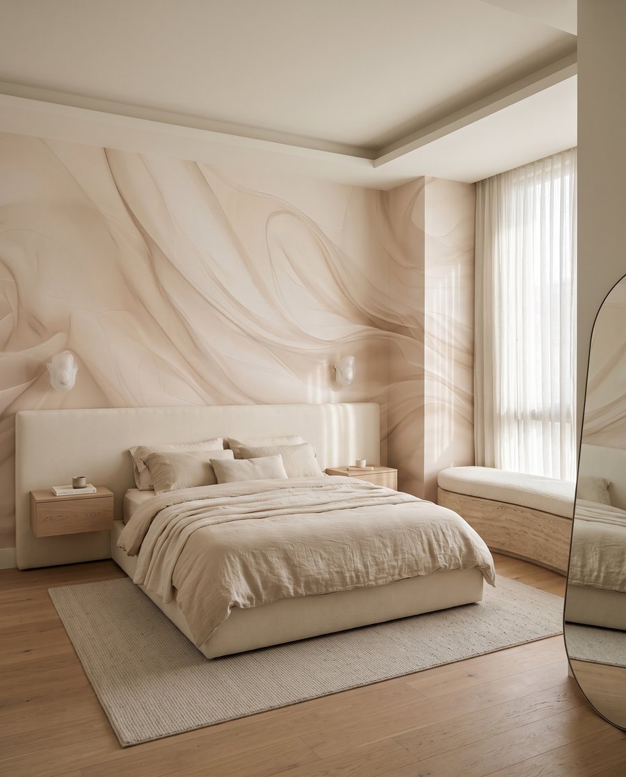 Roomkleurige stof in beweging in een interieur