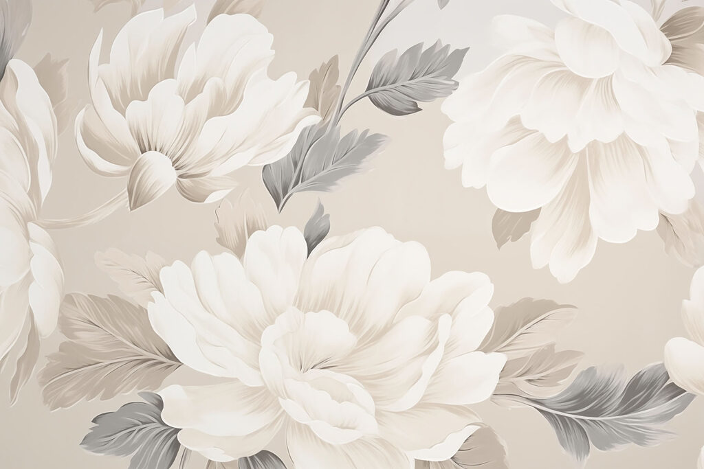 Witte pioenen tegen zandbeige — volledig ontwerp