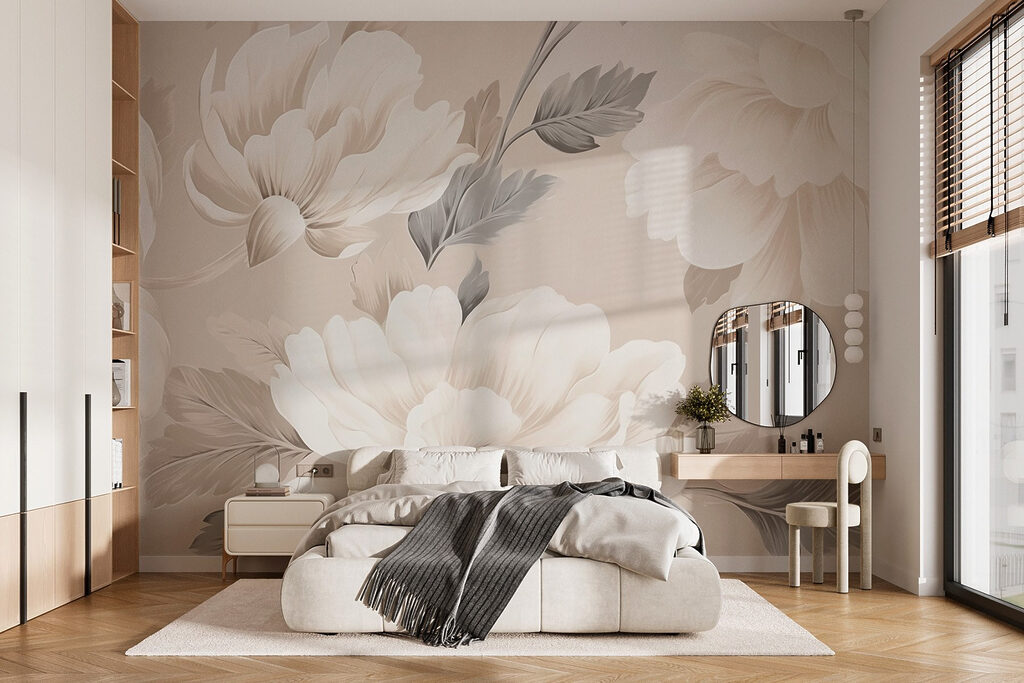Witte pioenen tegen zandbeige — interieur 1