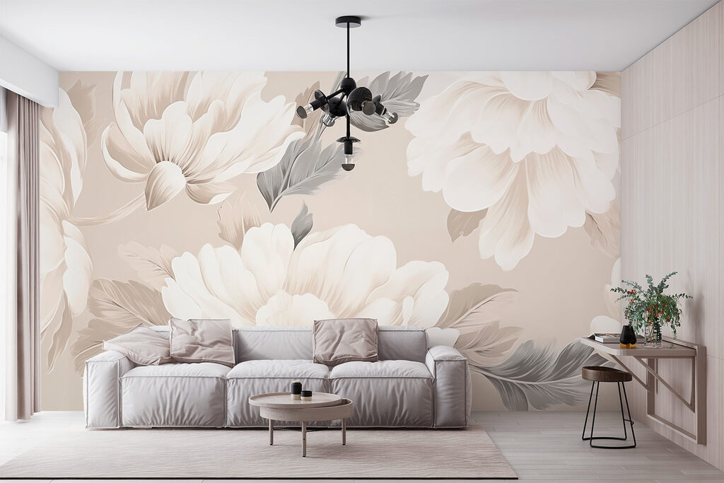 Witte pioenen tegen zandbeige — interieur 2
