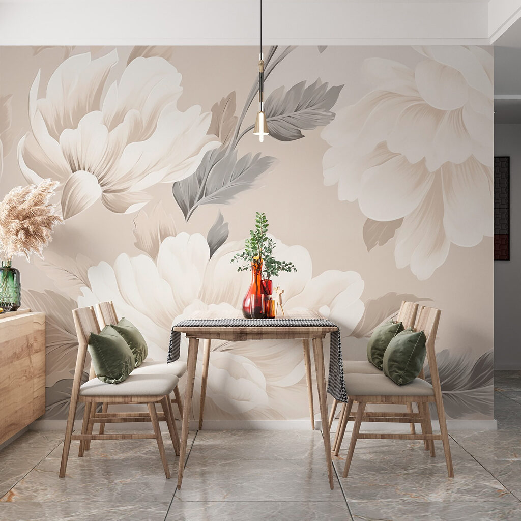 Witte pioenen tegen zandbeige — interieur 3