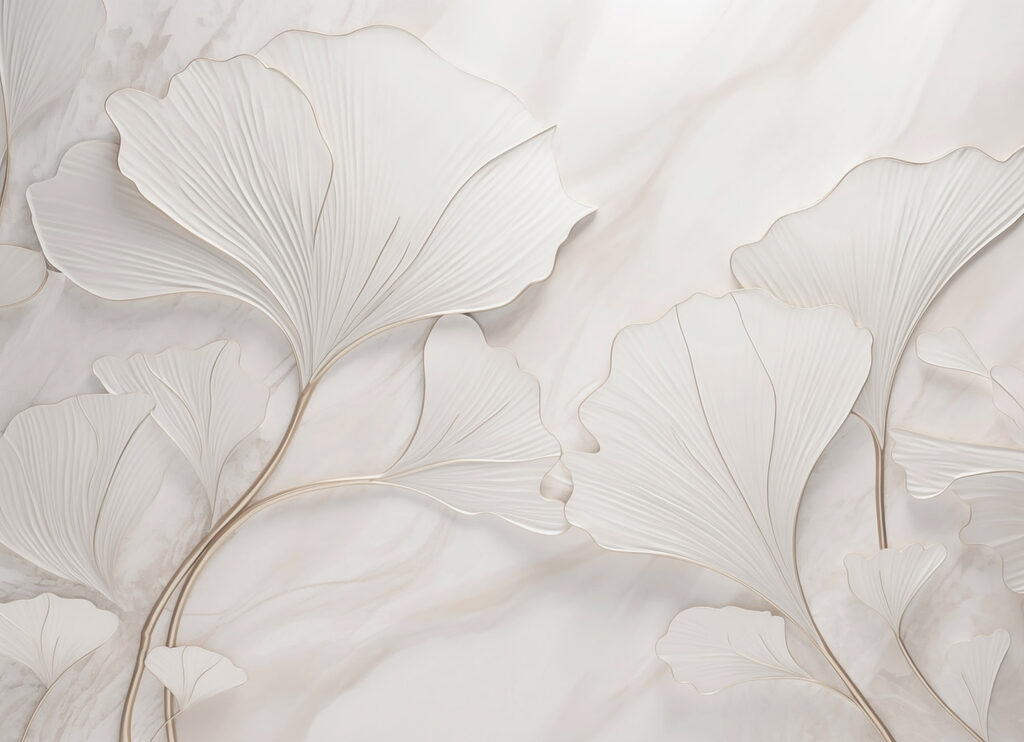 Witte ginkgowaaiers in reliëf — volledig ontwerp