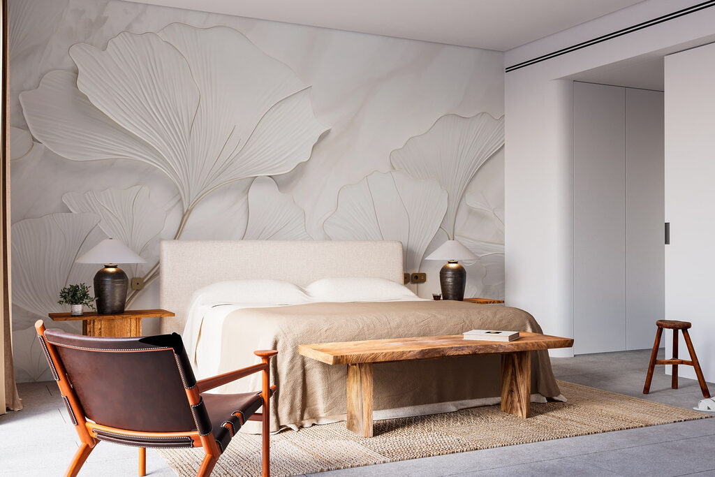 Witte ginkgowaaiers in reliëf — interieur 1