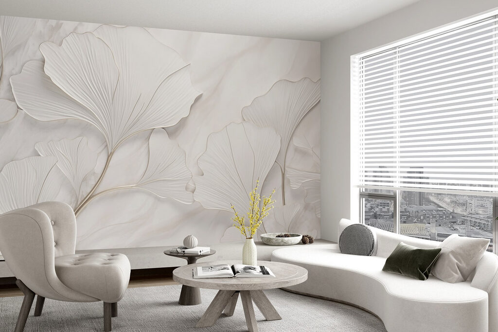 Witte ginkgowaaiers in reliëf — interieur 2