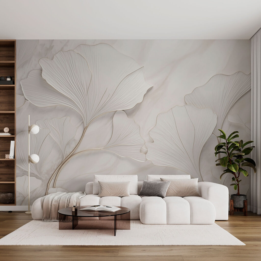 Witte ginkgowaaiers in reliëf — interieur 3