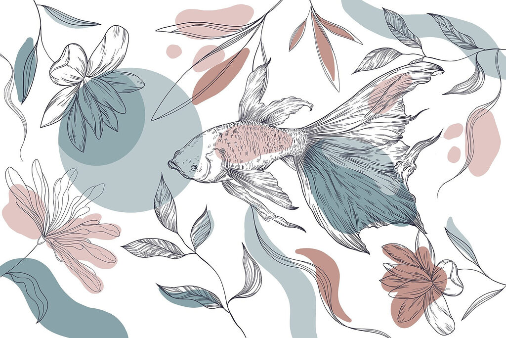 Sluierstaart tussen getekende bloemen — volledig ontwerp