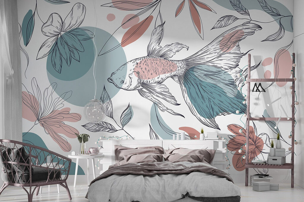 Vissen en planten met cirkels en stippen in een interieur