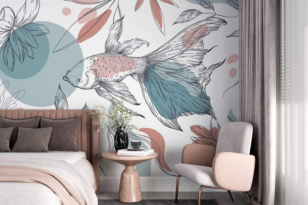 Sluierstaart tussen getekende bloemen — interieur 2