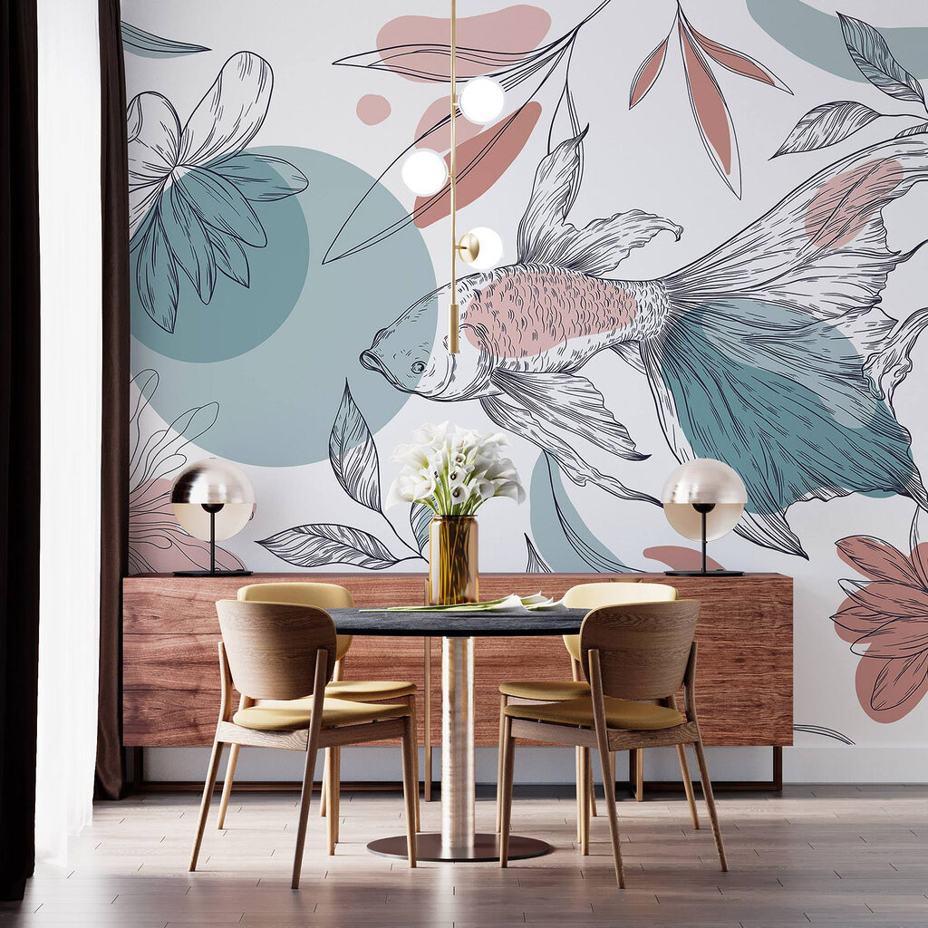 Sluierstaart tussen getekende bloemen — interieur 3
