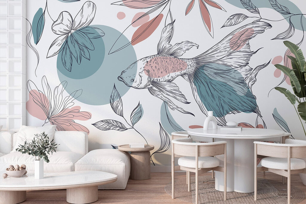 Sluierstaart tussen getekende bloemen — interieur 4
