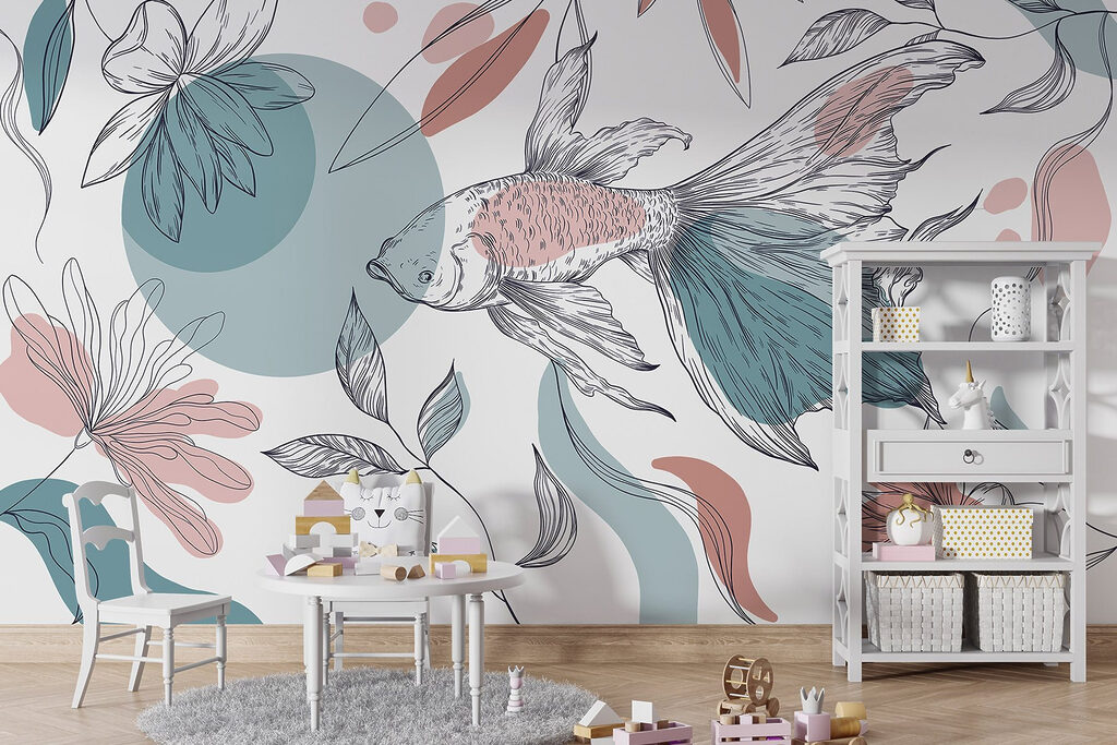 Sluierstaart tussen getekende bloemen — interieur 5