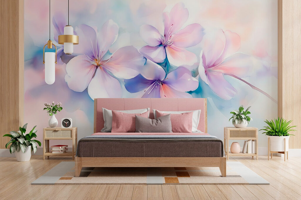 Pastelbloemen in zachte kleurnevel — interieur 1