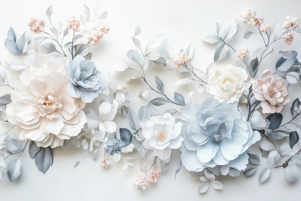 Groep bloemen op een wit oppervlak — volledig ontwerp