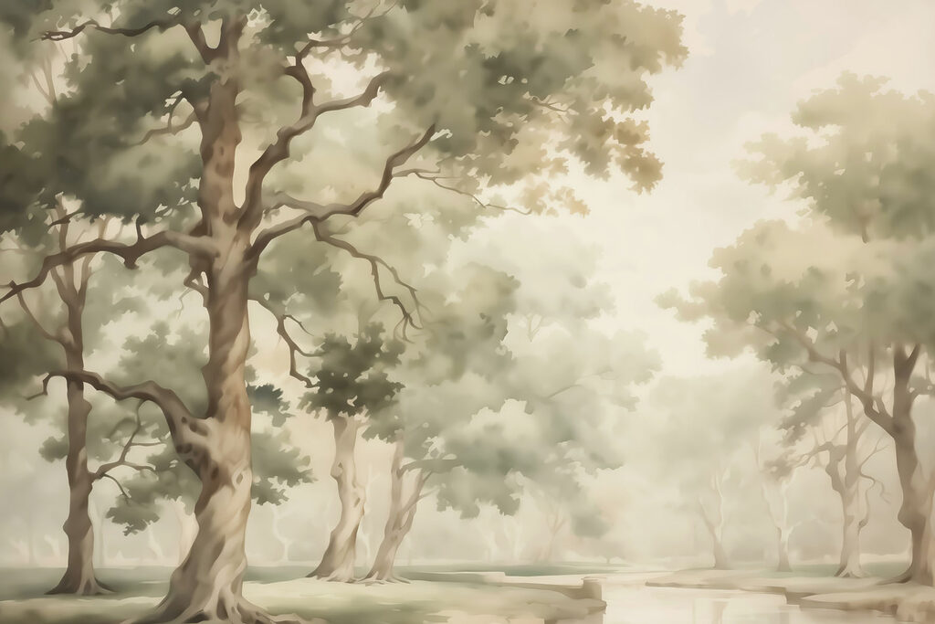 Oude bomen langs grasland — volledig ontwerp