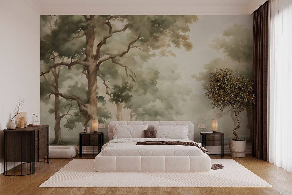 Aquarel van bomen en een rivier in een interieur