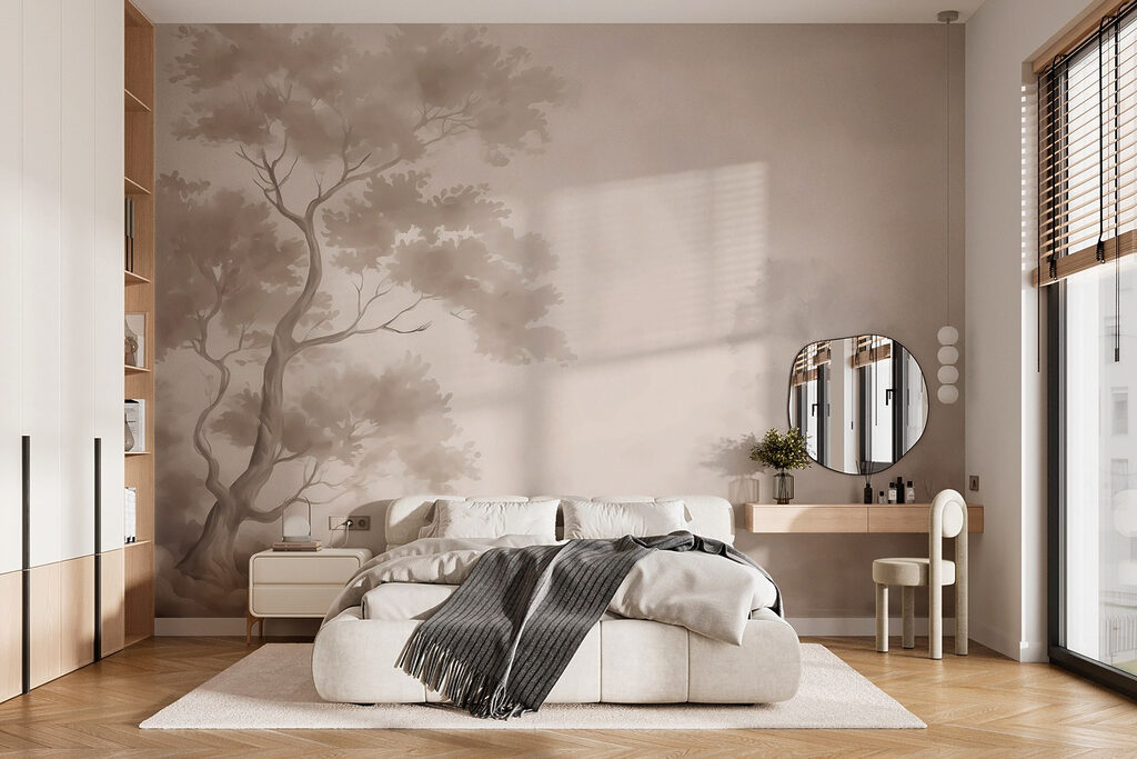 Boom in mist met wolken in een interieur