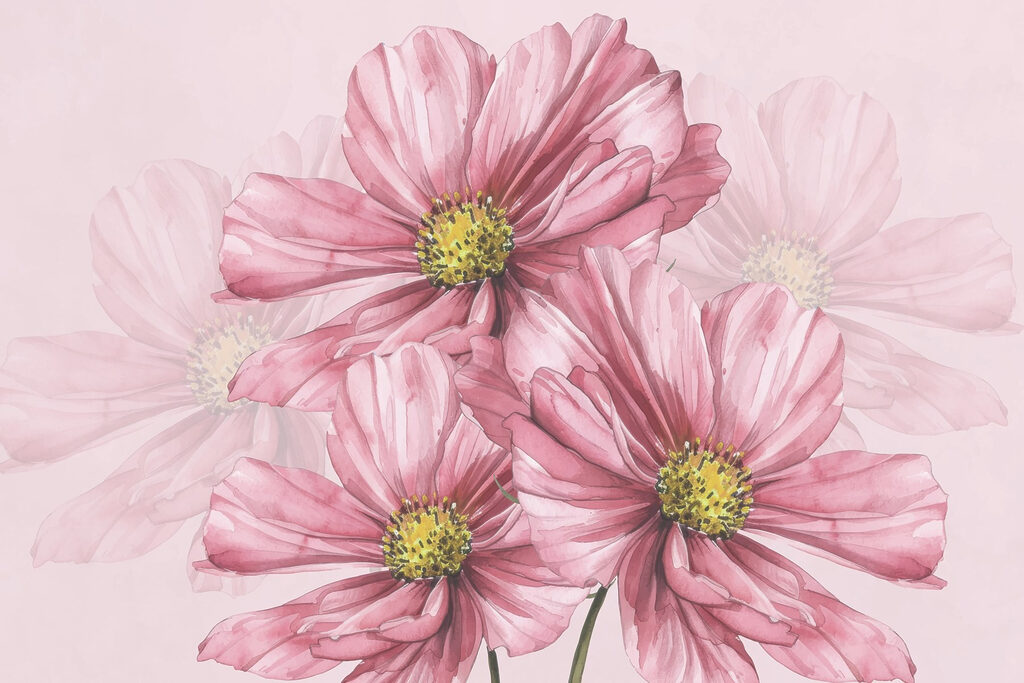 Gele bloemharten tussen roze — volledig ontwerp
