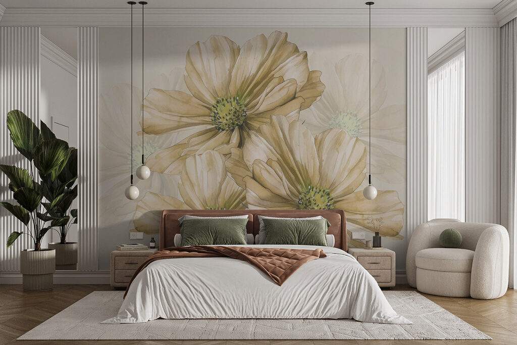 Groep bloemen met groen hart in een interieur