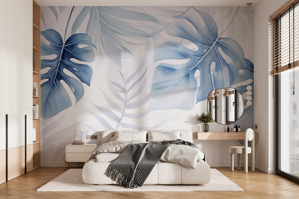 Blauwe monstera in licht — interieur 1