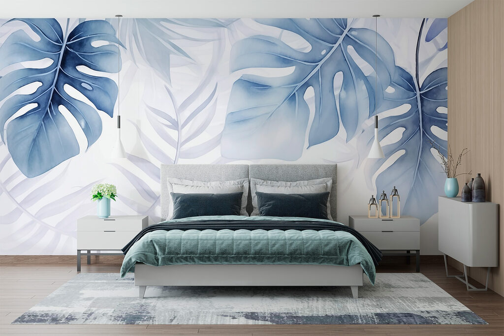 Blauwe monstera in licht — interieur 2