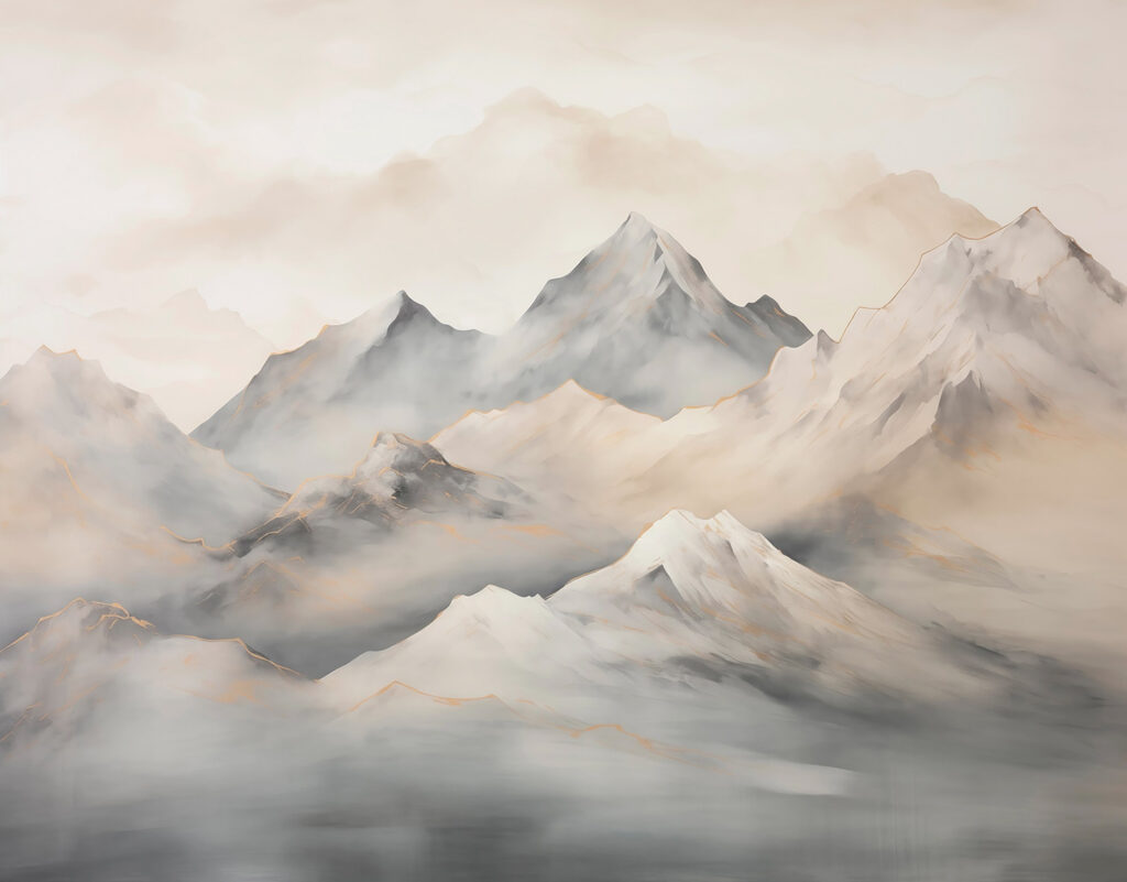 Schilderij van bergen met wolken — volledig ontwerp