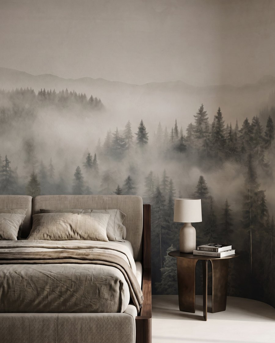 Bos met mist en bergen in een interieur