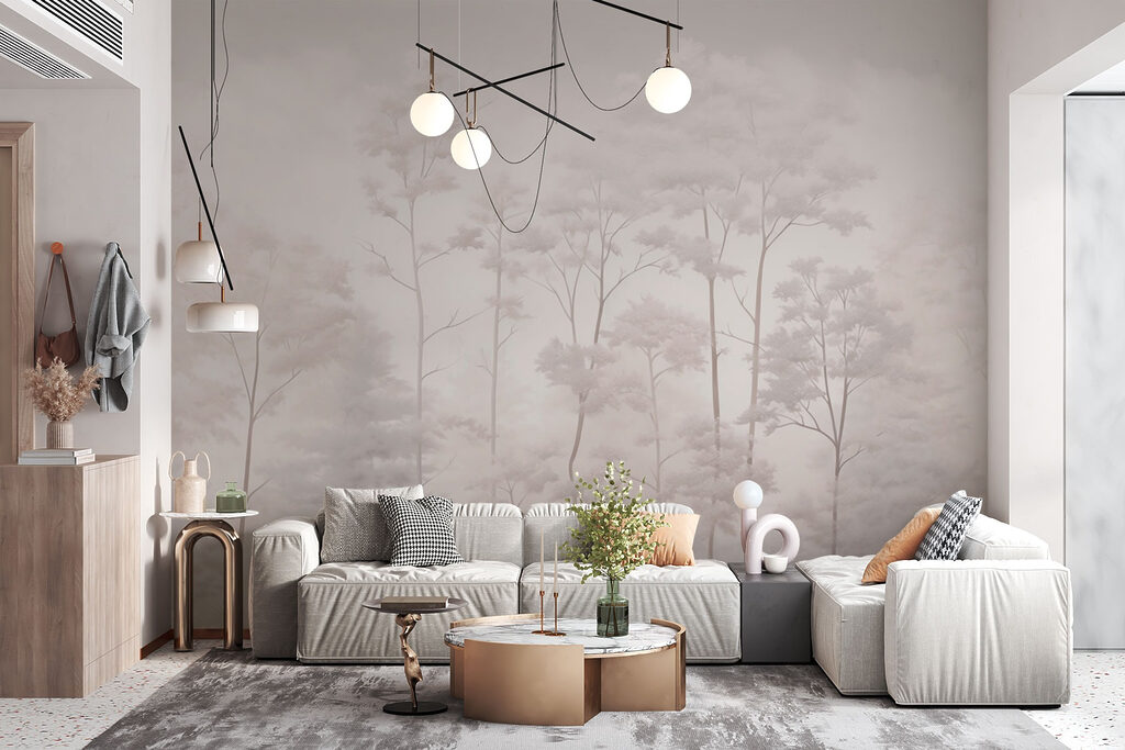 Slanke bomen in grijsbeige — interieur 1