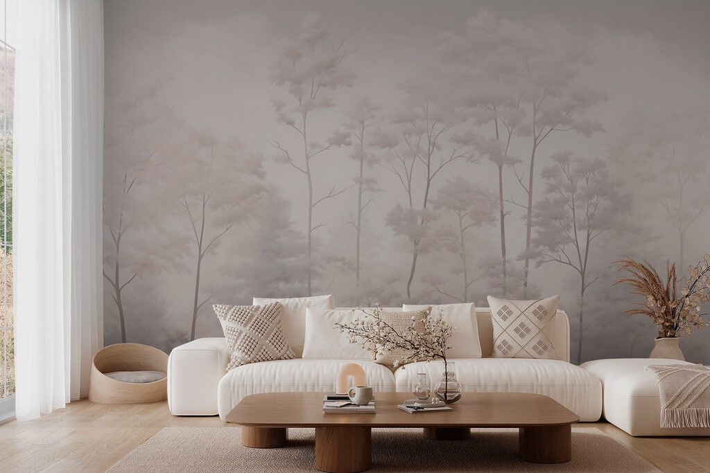 Slanke bomen in grijsbeige — interieur 2