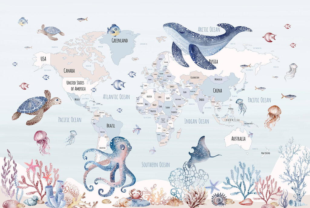 Wereldkaart met zeedieren — volledig ontwerp