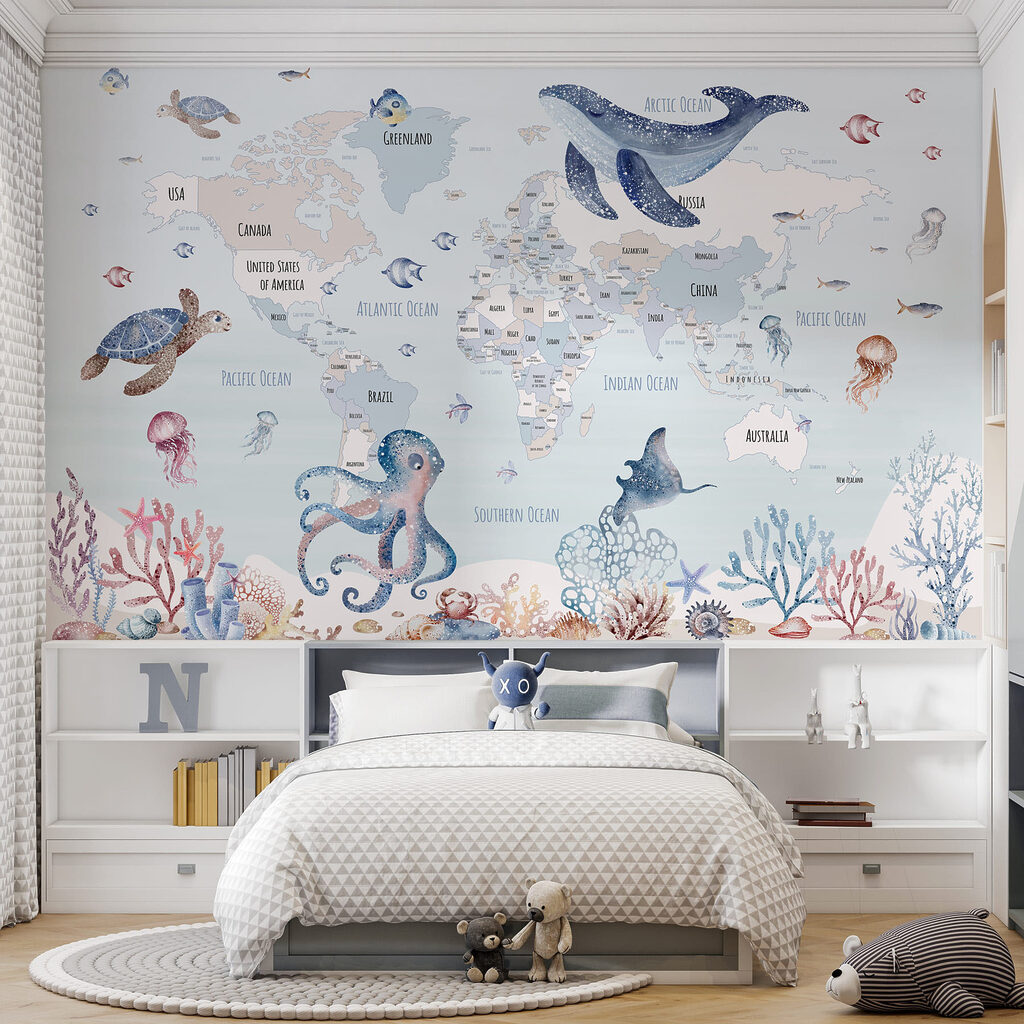 Wereldkaart met zeedieren — interieur 1