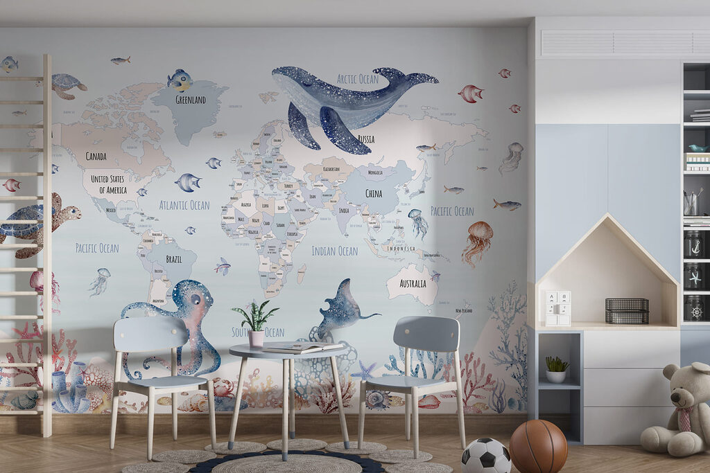 Wereldkaart met zeedieren — interieur 2