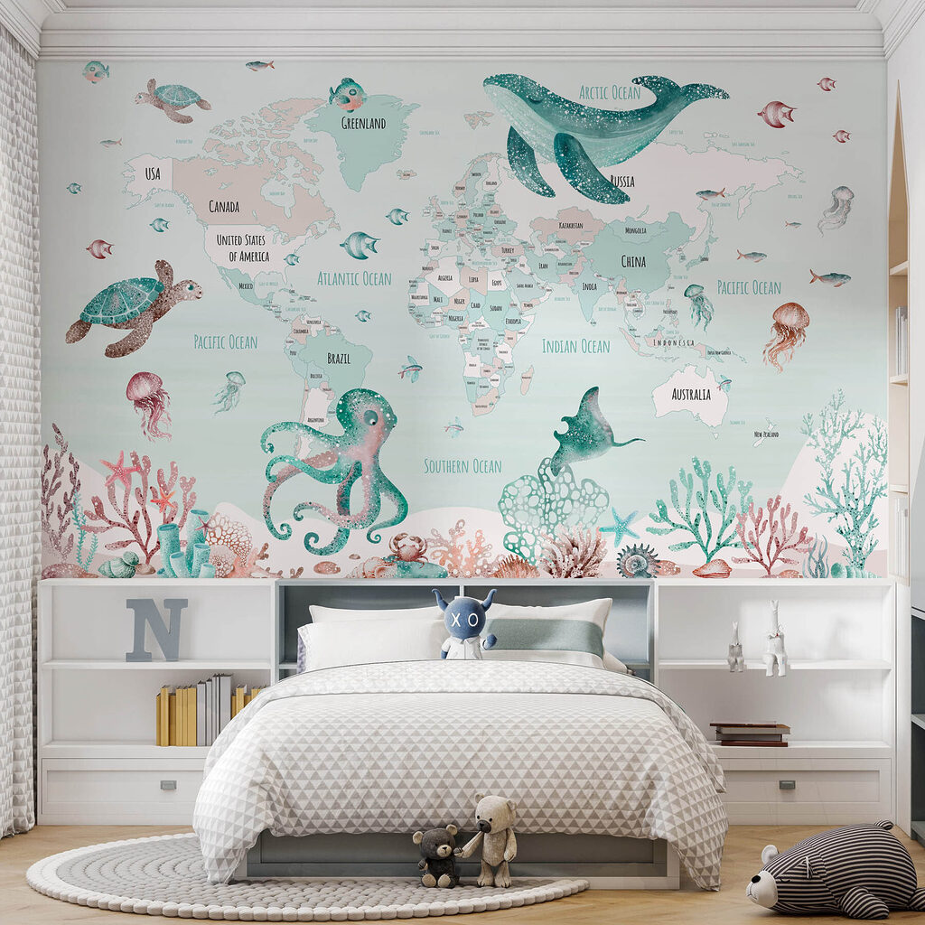 Wereldkaart met zeedieren in een interieur