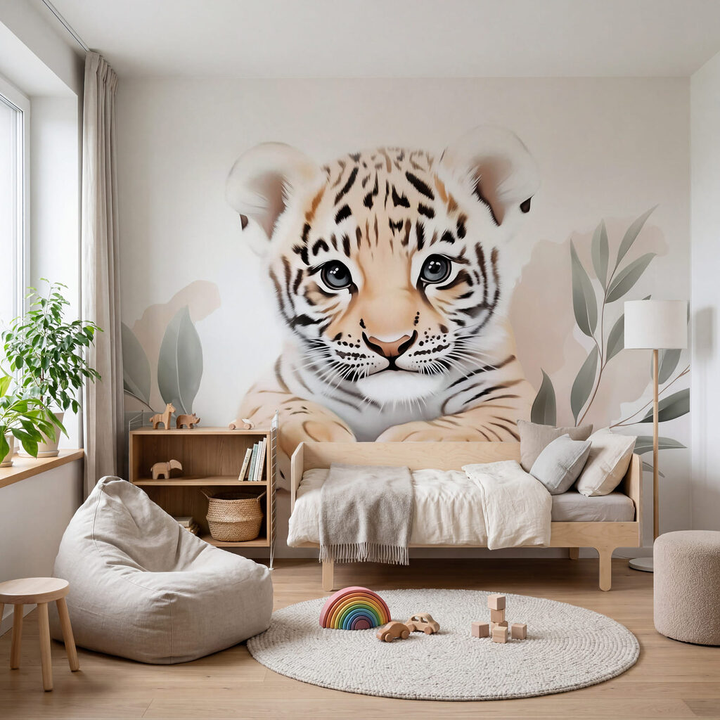 Tijgerwelpje met bladeren in een interieur